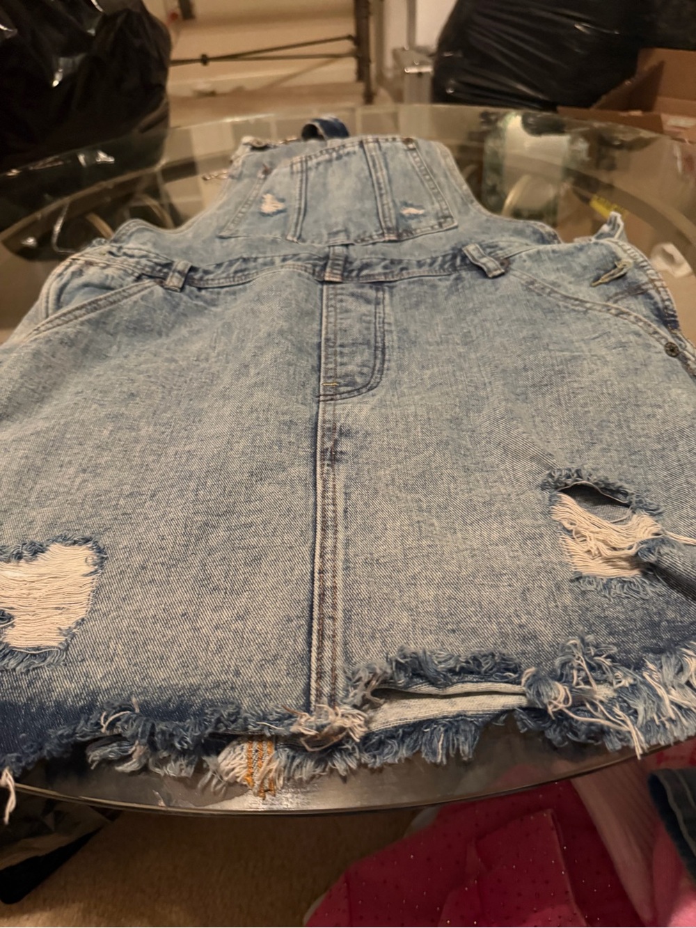 Distressed Light Blue Denim Overall Skirt